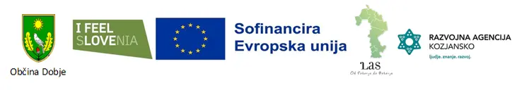 Logotipi Občina Dobje, I feel Slovenia, Sofinancira EU, LAS, Razvojna agencija Kozjansko